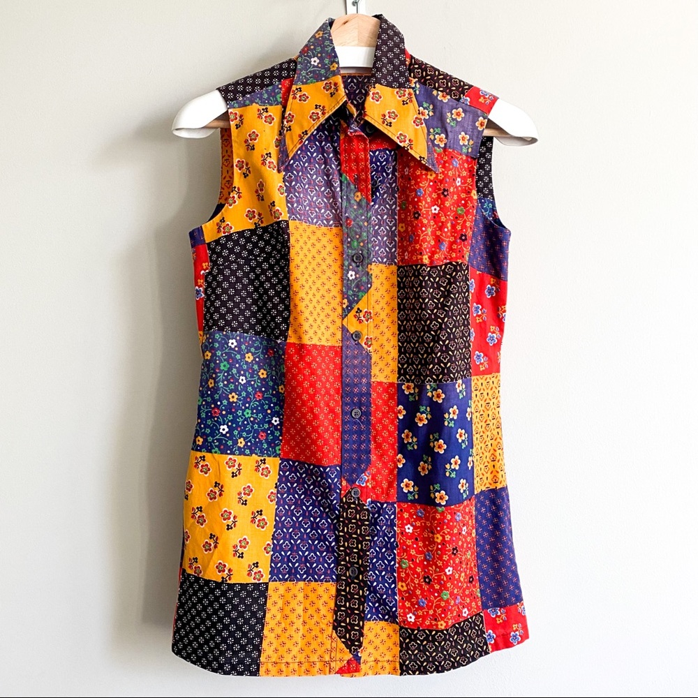 VINTAGE COS COB Floral Funky Colorblock Sleeveless Button Front Shirt